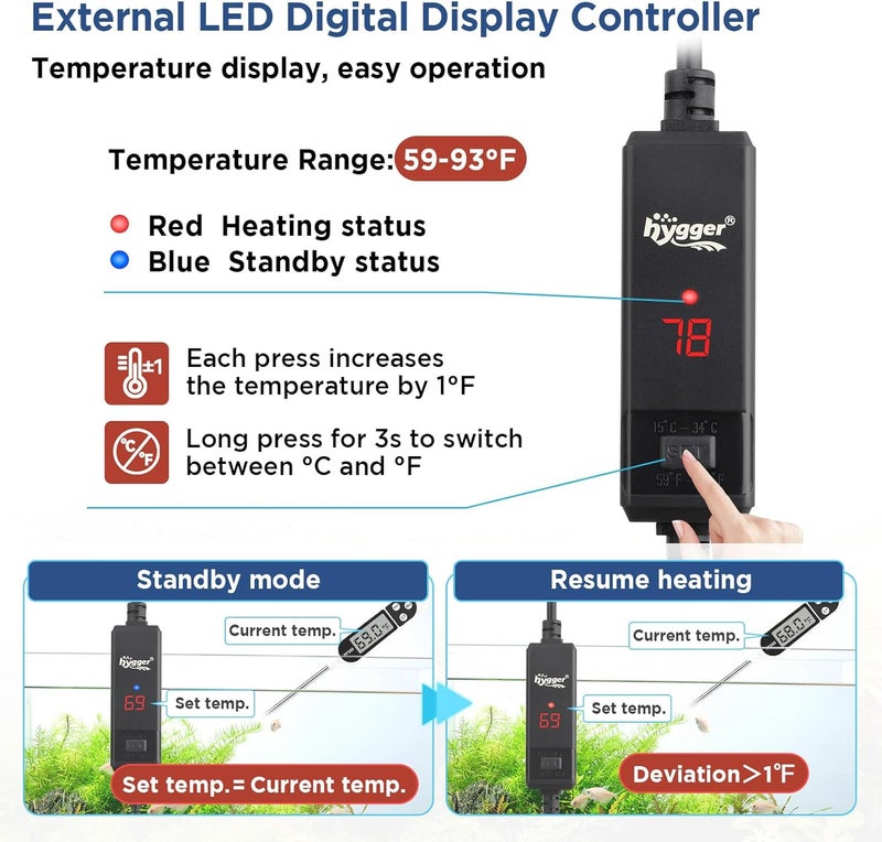 Hygger Aquarium Betta Heater,25W/50W/100W/150W/300W/800W Removable Shell Submersible Fish Tank Heater with LED Digital Display,25W Suitable for 1-5 Gallon Freshwater and Saltwater Fish Tank - Image 4